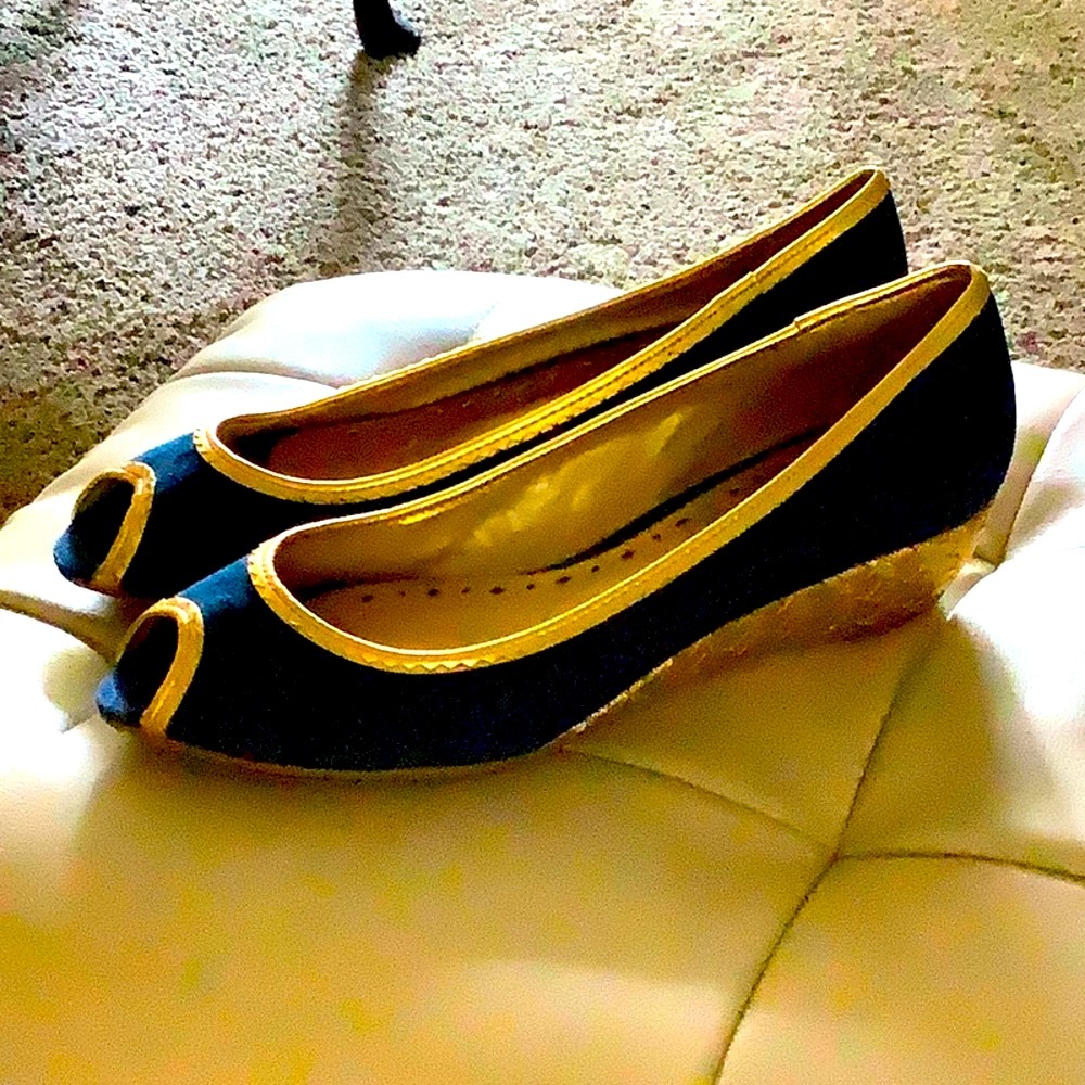 BCBGirls Denim and Gold Trim Peep Toes